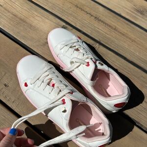 White and Pink Sneakers with Red Hearts